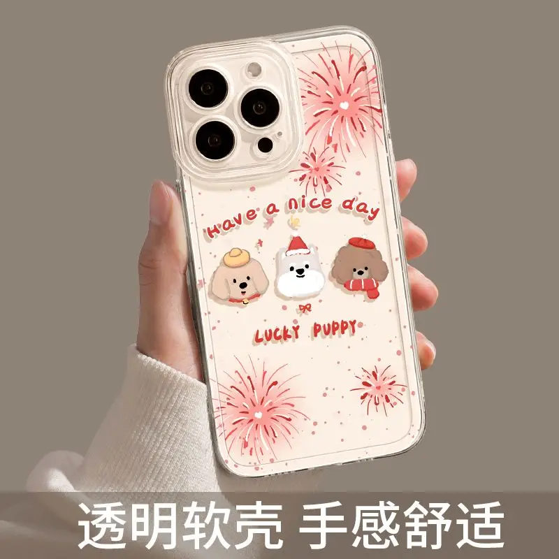 Fireworks Puppy Mobile Phone Case for IPhone 16 15 14 Pro Max Transparent  Holiday Phone Case for IPhone 13 12 11 XR XS MAX