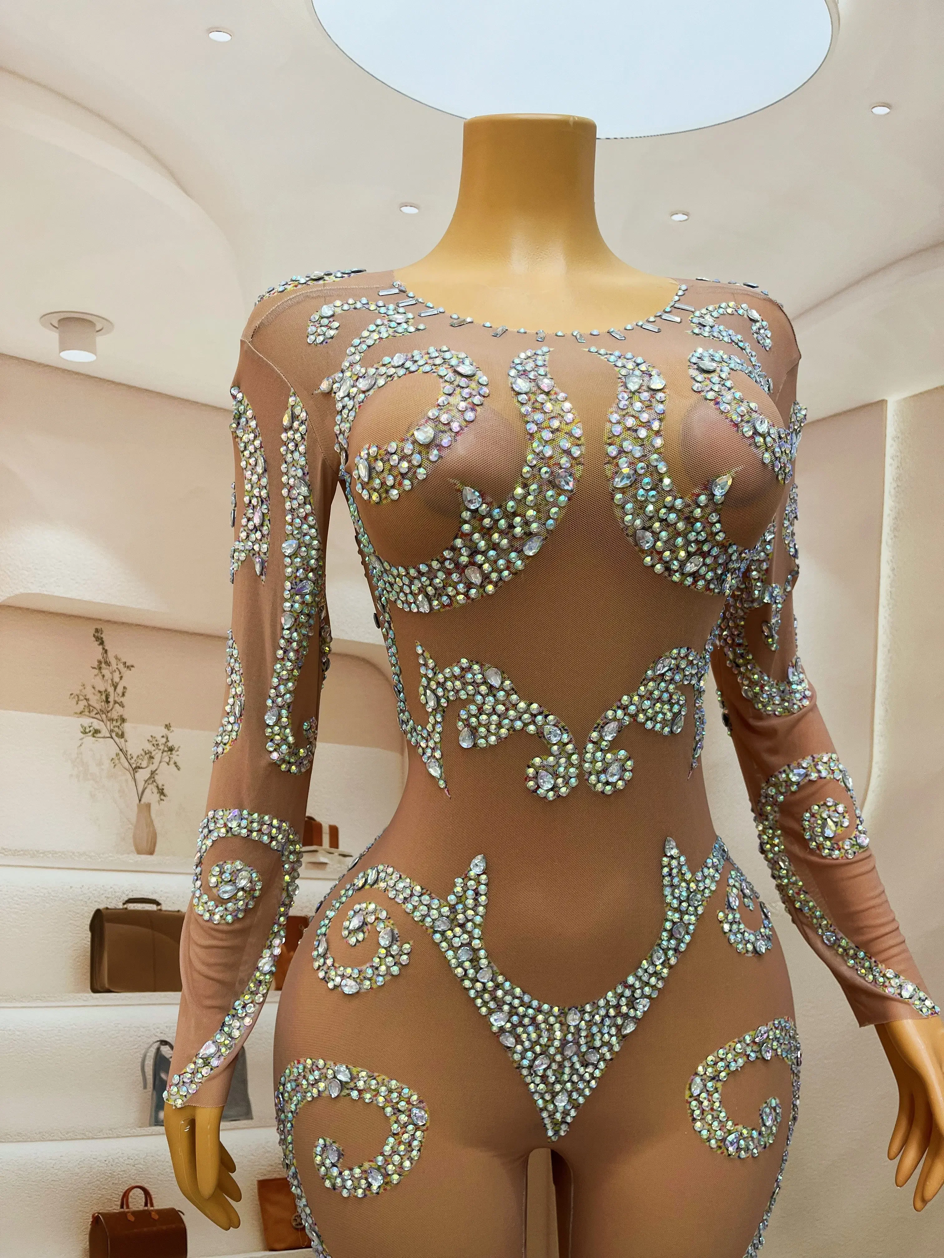 Dance Sexy Bodysuit Outfit Birthday Performance Singer Costume Shining AB Color Rhinestones Nude Transparent Jumpsuit