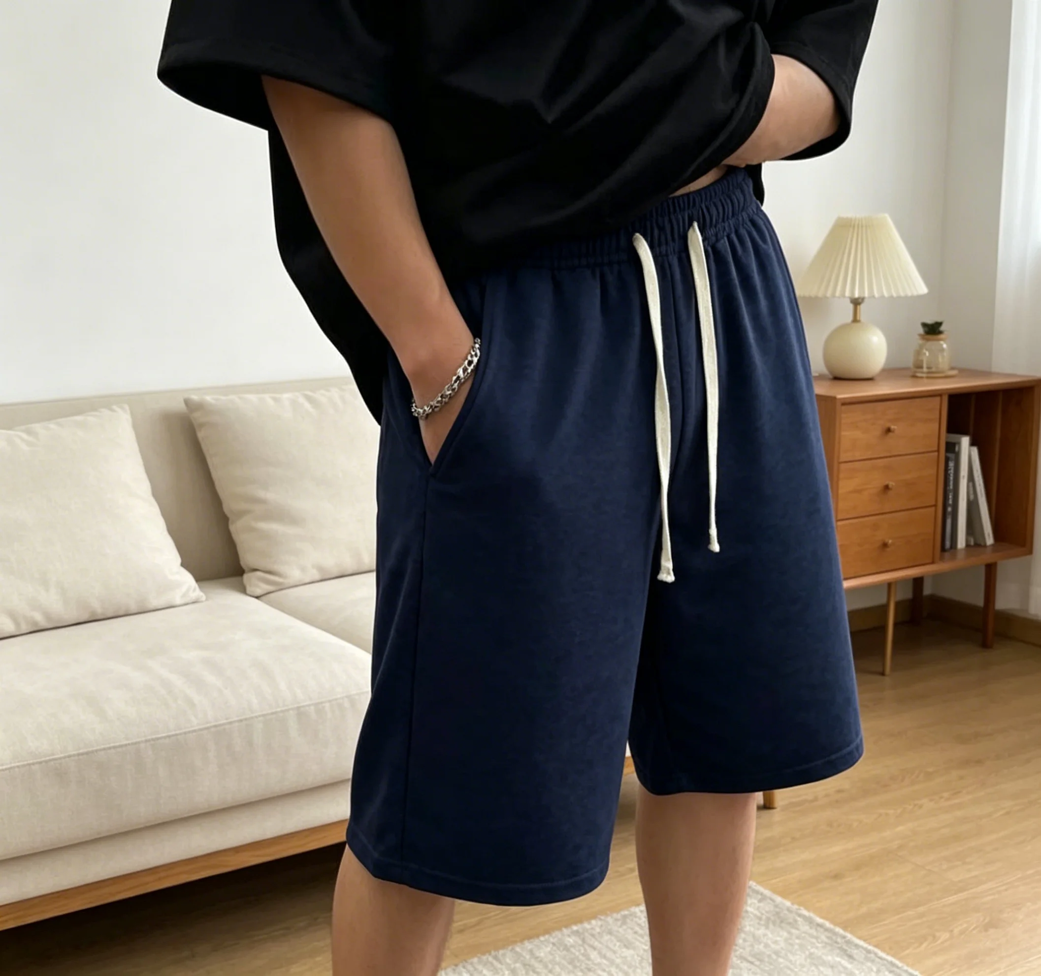 

Summer Indoor Home Wear Men's Solid Color Loose Shorts Elastic Drawstring Lightweight Soft Daily Casual Sweat Pants