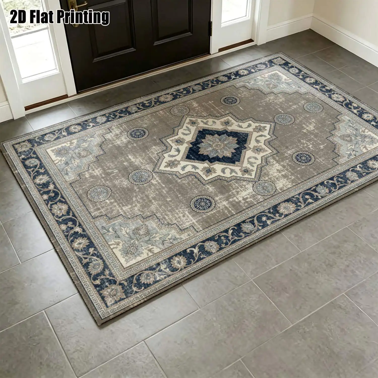 1Pc 2D Printed Brown-Grey Retro European Carpet, Multi-Size, Machine Washable, for Home Decor & Multi Scenes