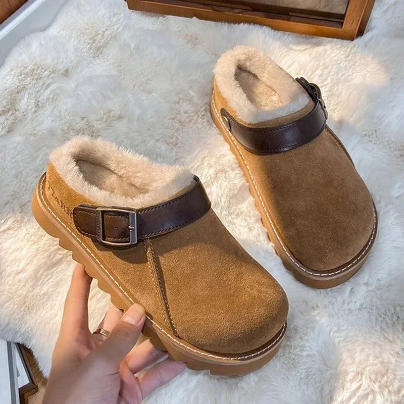 Fur Women Flats Slippers Platform Warm Walking Shoes 2024 Trend Winter New Short Plush Cotton Mules Shoes Home Fad Flip Flops