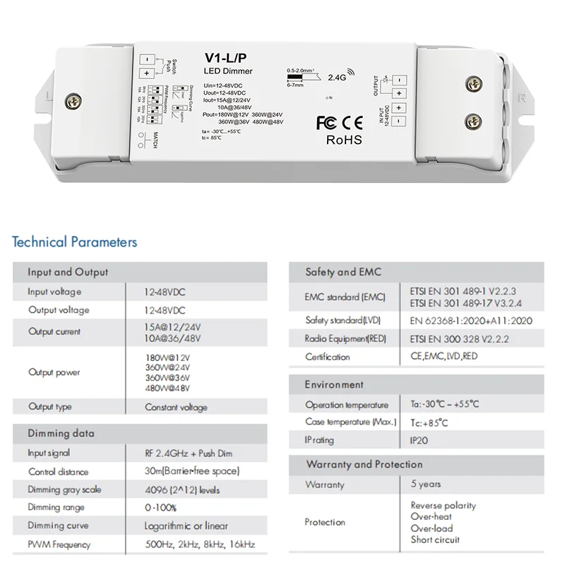 V1-L/P LED Dimmer 12-48V RT1 1 Zone Single Color LED Strip Dimming Kit Wireless Wifi 2.4G RF Remote Control Push Switch Dimmer