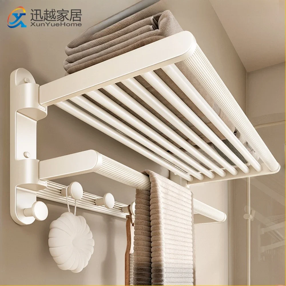 

Cream Wind Towel Rack Fold Space Aluminum Double Shelves Shower Hanging Rod Hook Bathroom Accessories