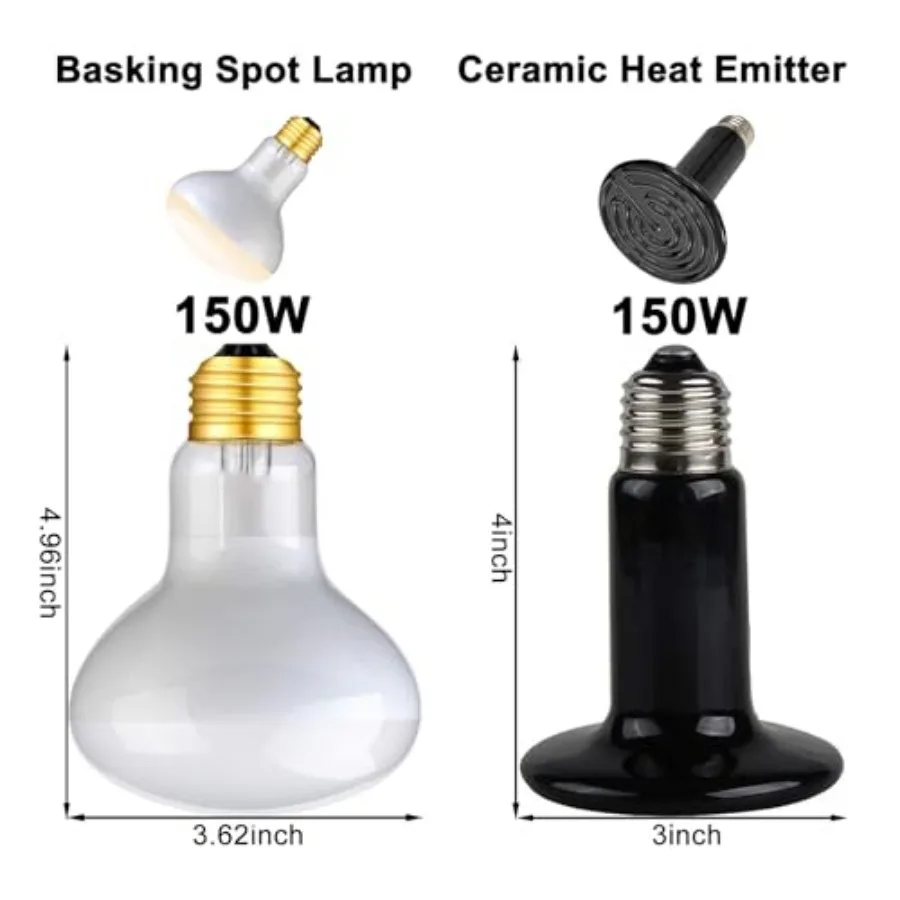 DXOPHIEX Dual Reptile Light Fixture, Reptile Heat Lamp Fixture with 150W Basking BulbandCeramic Heat Emitter, Double Dome Heat