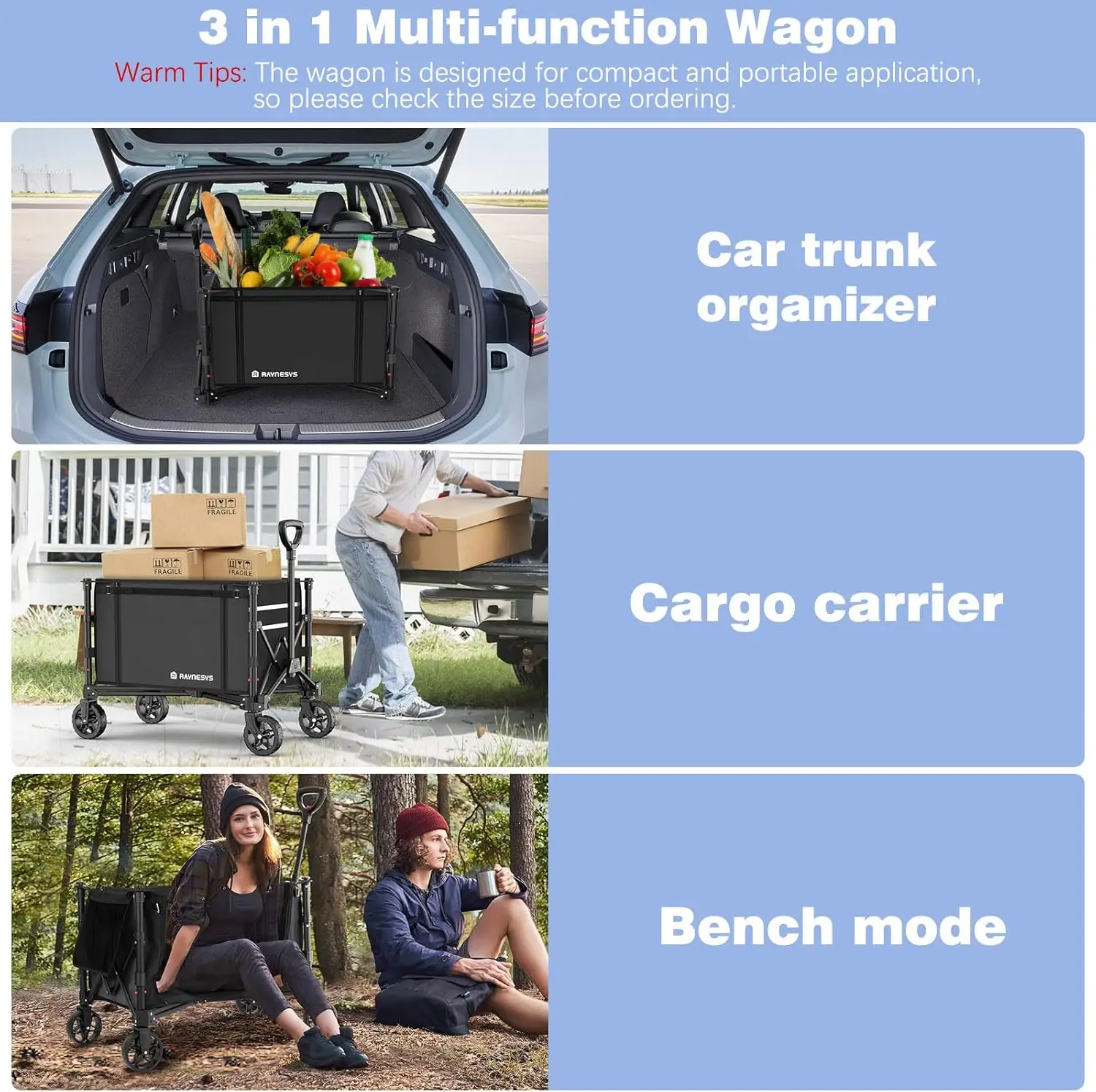 3 in 1 Collapsible Wagon Converts to Bench, 220lbs Foldable Wagon Cart with Wheels, 120L Shopping Cart for Groceries Folding Uti