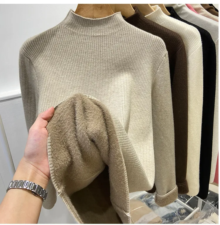 Roll kragen pullover Winter pullover Frauen elegant verdicken Samt gefüttert warm Sueter gestrickt Pullover schlanke Tops Jersey Strick pullover neu – Detail 9