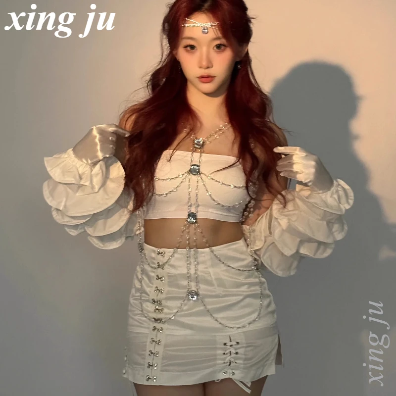 Kpop 한국 가수 재즈 공연 의상 화이트 라인 석 크롭 탑 레이스 업 짧은 치마 여성 나이트 클럽 무대 댄스 의상