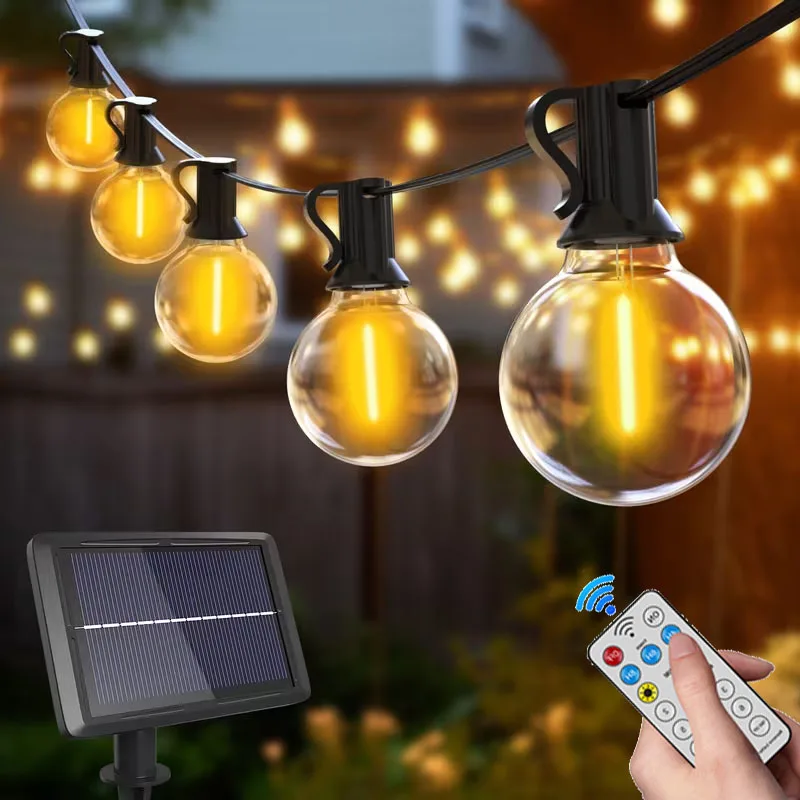 Solar String Lights Outdoor Remote Shatterproof G40 Bulbs Solar Powered&USB Charging Patio Light Dimmable Waterproof for Outside