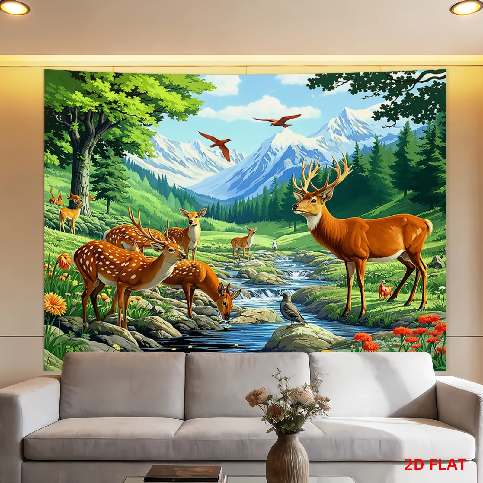 Bohemian Nature Tapestry Forest Deer Wildlife Wall Hanging Rustic Mountain Wilderness Decor Large Boho Home Backdrop for Rustic
