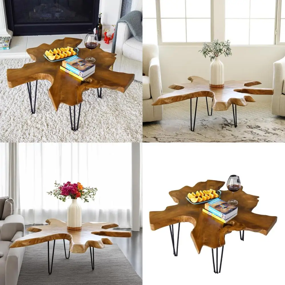 

Rustic Natural Teak Live Edge Coffee Table, 36x36x16, for Home Living Spaces and Office