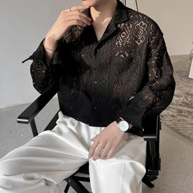 Pop Spring Autumn Mens Shirts Hollow Out Long Sleeve Casual Blouse Slim Fitting Elegant Social Shirts For Men Pullover Men Cloth