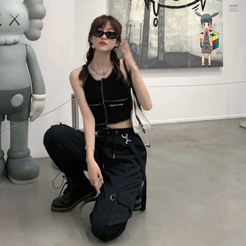 Gothic Cargo Pants Women Harajuku Black Korean High Waist Bf Hip Hop Streetwear Wide Leg Pants Loose Straight Jogging Trousers