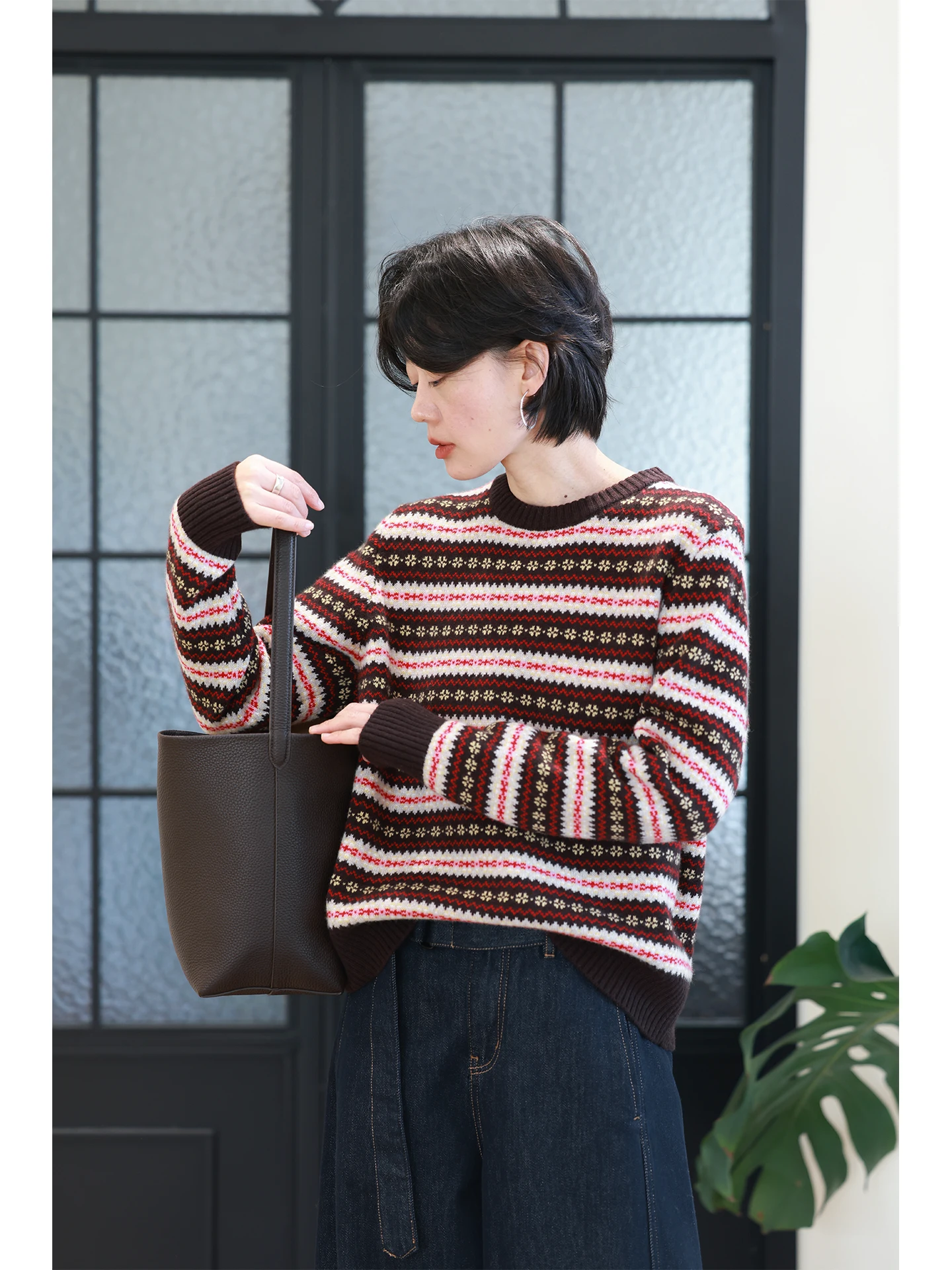 

Женский шерстяной вязаный свитер свободного кроя в полоску, с текстурой Fair Isle, круглым вырезом и длинными рукавами, новинка зимы