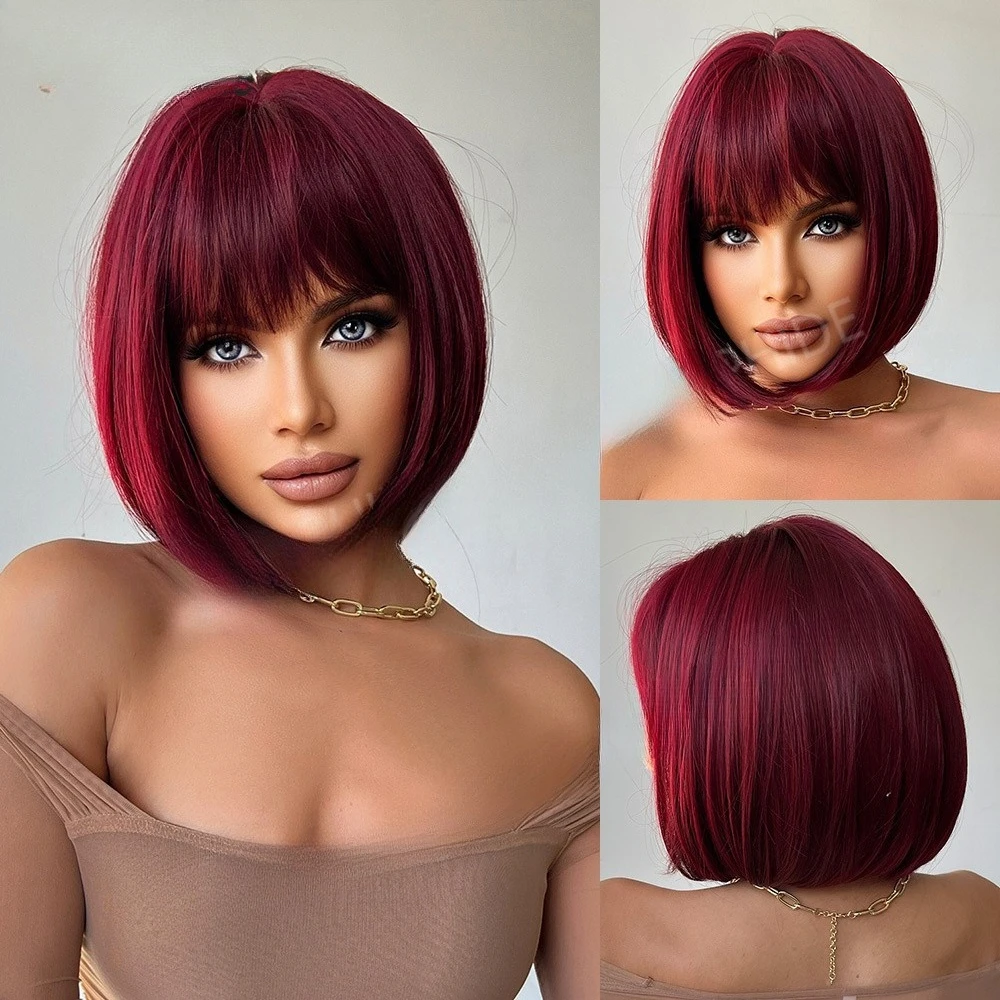 

European and American women's burgundy bangs straight hair BOBO head multi-color optional mechanism chemical fiber wig rose mesh