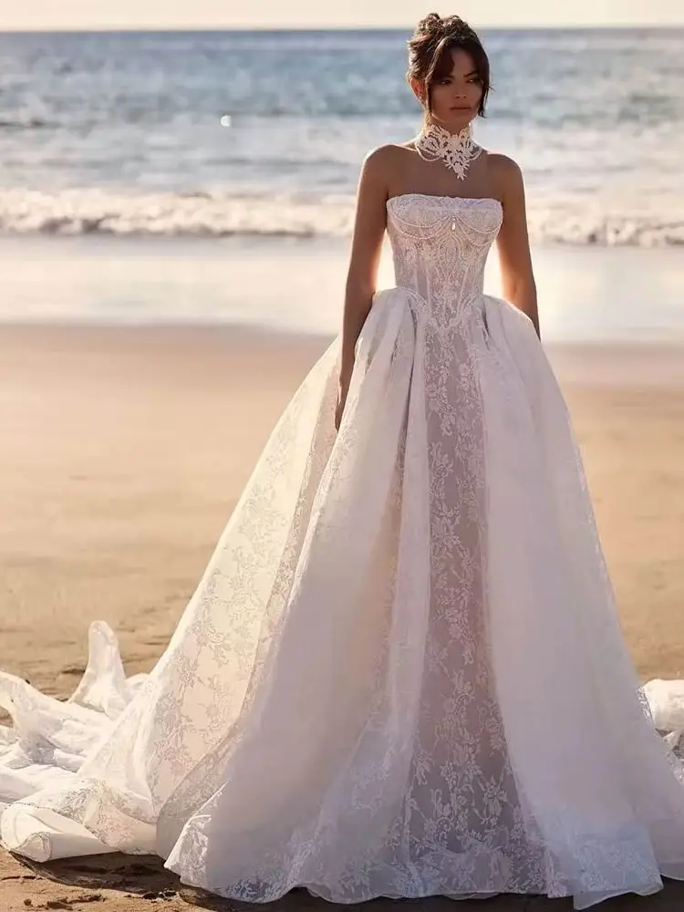 Maßgeschneiderte Halsornamente, trägerloser Ausschnitt, Perlen, Perlenapplikationen, Spitze, Prinzessin, Brautkleid, Brautkleid, Vestidos, Brautkleid
