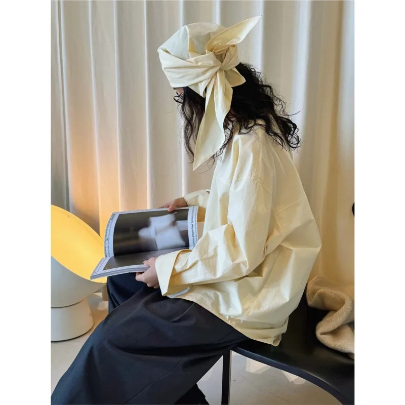 

Новая весенняя женская блузка Johnature в корейском стиле: повседневная, с треугольным шарфом, круглым вырезом, однотонная, простая, в стиле пэчворк, свободного кроя