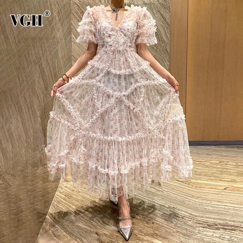 

VGH Hit Color Floral Mesh Backless Dresses For Women V Neck Short Sleeve High Waist Patchwork Zipper Elegant Dress Female New