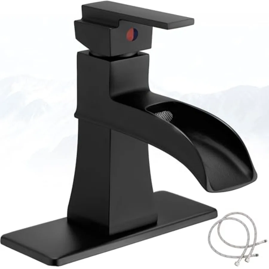 

Waterfall Bathroom Faucet Black, Brass Bathroom Faucets One Hole or 3 Hole 4 Inch, Single Handle with Deck Plate and Water Hose