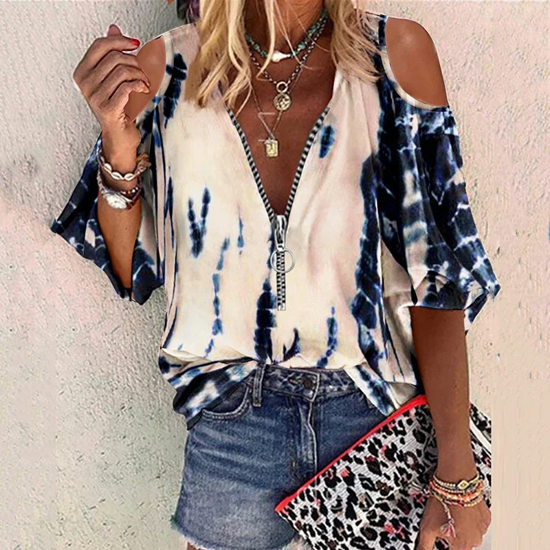 Women Summer Elegant Off Shoulder T-Shirt Casual Floral Print V-Neck Zipper Tops Femme Patchwork Loose Fit Half Sleeve Tees