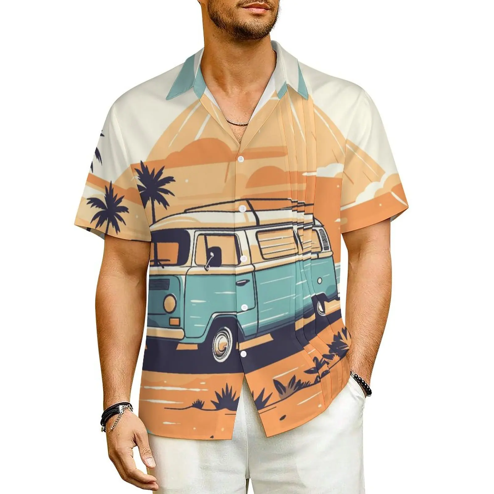 

Palm Trees With Car Beach Shirt Sunset Print Hawaiian Casual Shirts Men Elegant Blouses Short-Sleeve Y2K Fashion Graphic Clothes