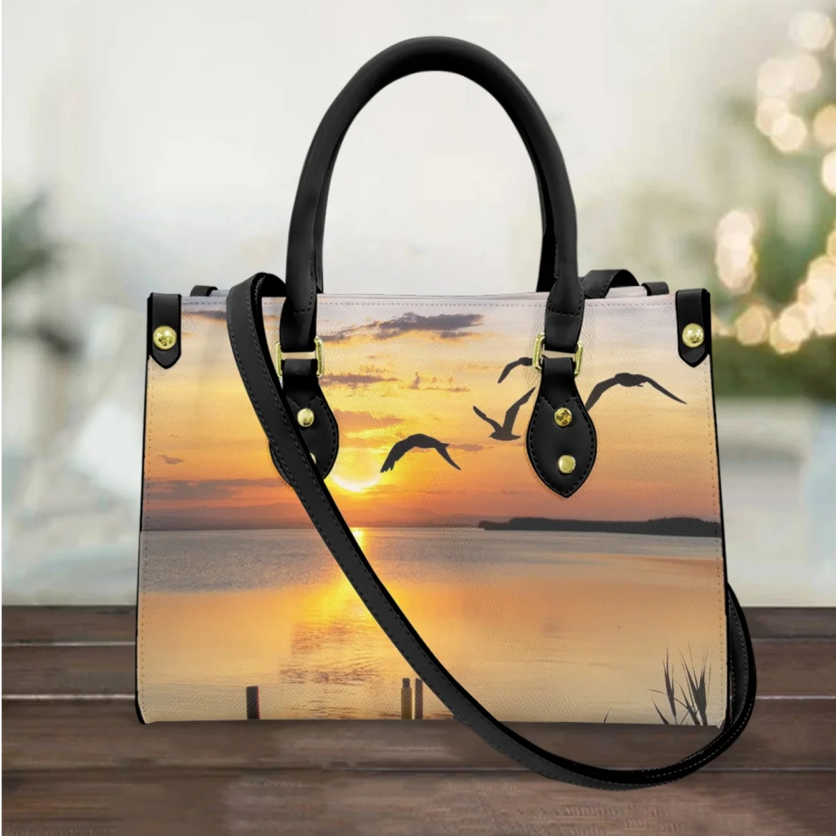 

FORUDESIGNS Luxury Woman Bag Shopping Scenic Sunset Print Handbags Fashion Leather Shoulder Tote Bags Zipper Shopping Bag