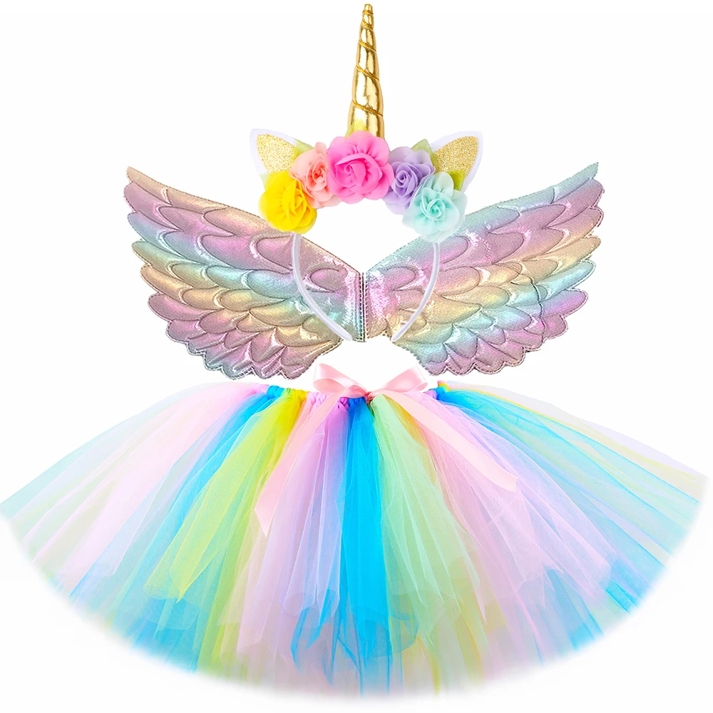 Girls Rainbow Unicorn Tutu Skirt Costume Fluffy Layered Mini Tulle Skirt Toddler Baby Kids Halloween Birthday Party Dress Up