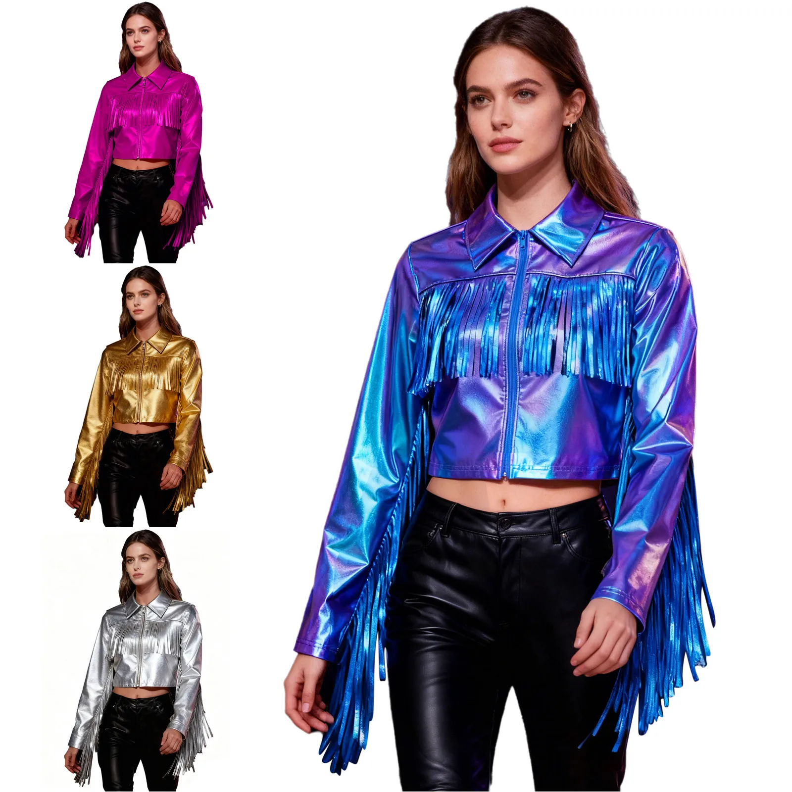 Womens Shiny Metallic Tassel Cropped Jacket Turn-Down Collar Fringed Long Sleeve Front Zipper Coat Rave Dance Party Outerwear