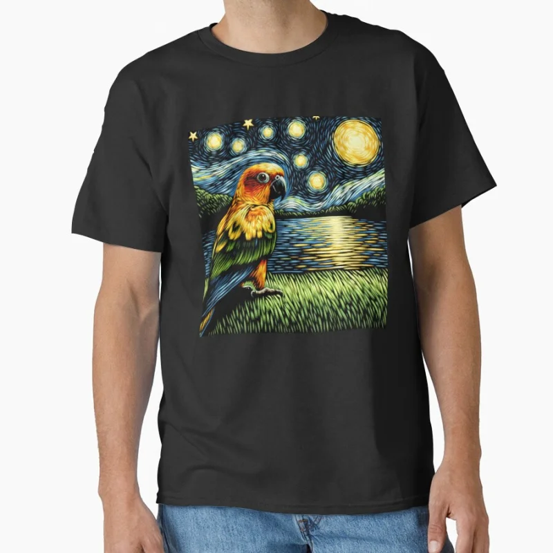 

Starry Night Sun Conure Parrot Van Gogh Bird Lover Gift T shirt for man Large size Tops Funny parrot Graphic Printed clothes