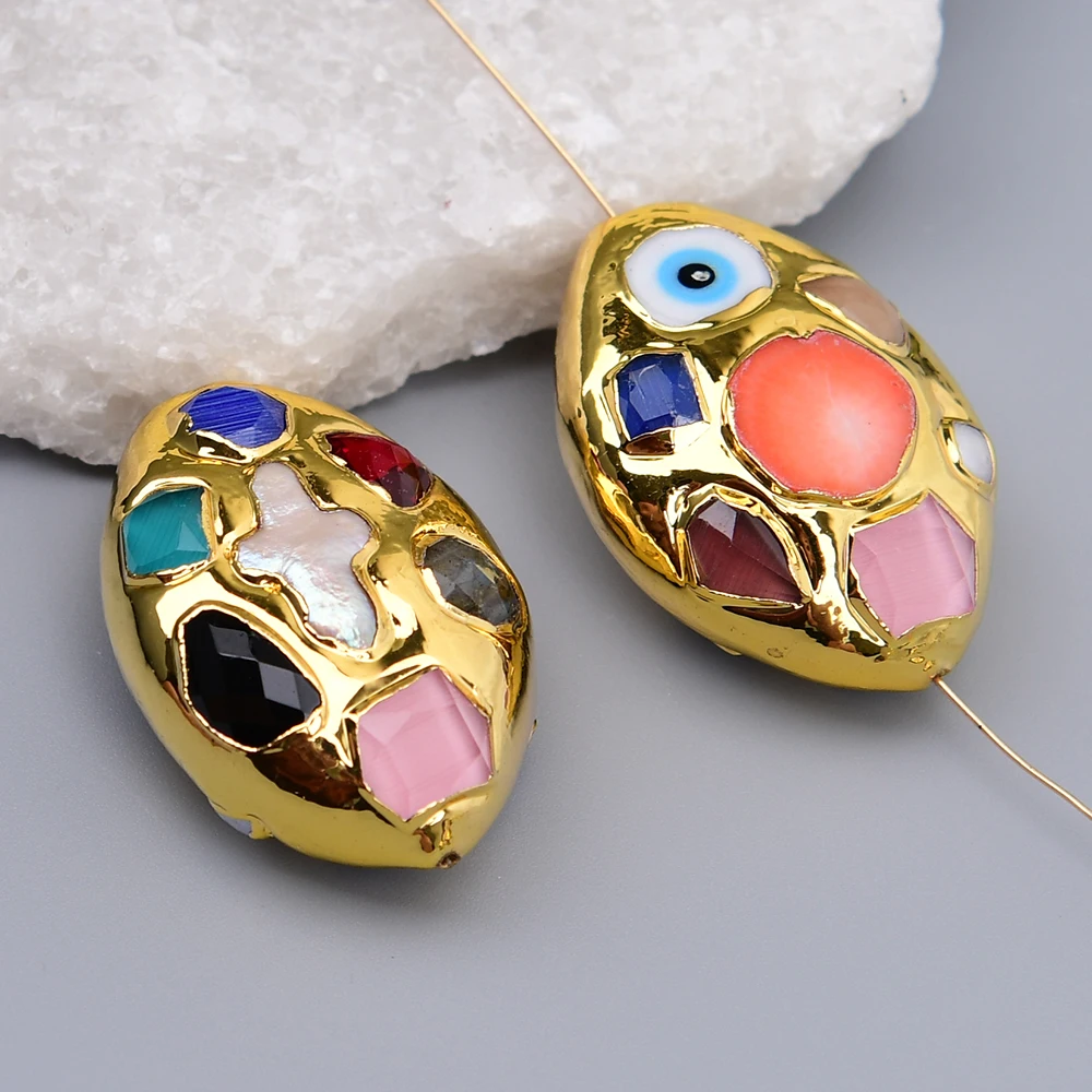 APDGG 5 Pcs Big 25x35mm Cultured White Pearl Orange Coral Mix Color Crystal Oval Gold Edged Pendant Spacer Beads Jewelry DIY