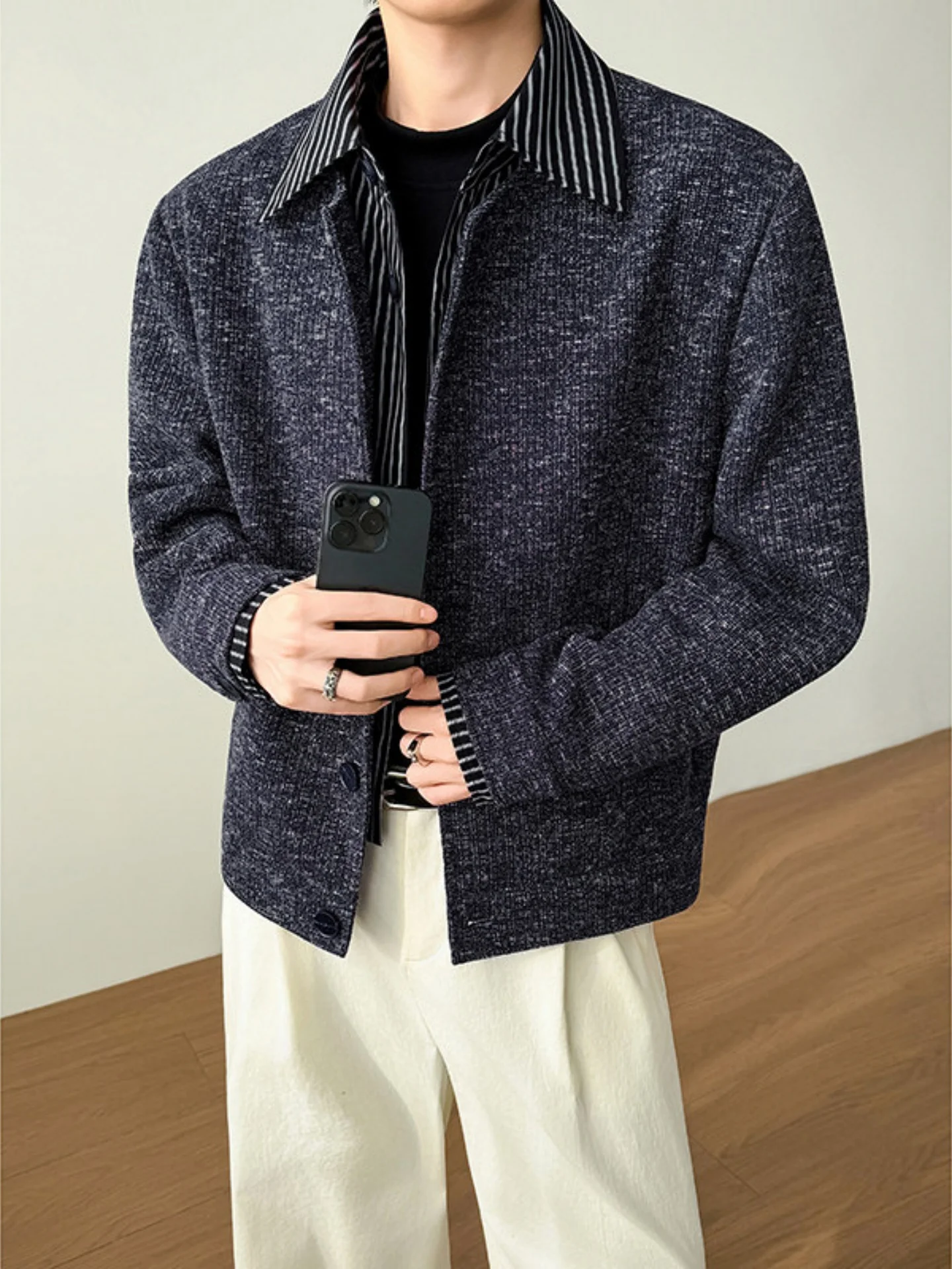 

Men's Knitted Jaet Spring Faion Urban Lightweight Luxury Sle Button up Patchwork Design Stand Fit Long Sve Coat