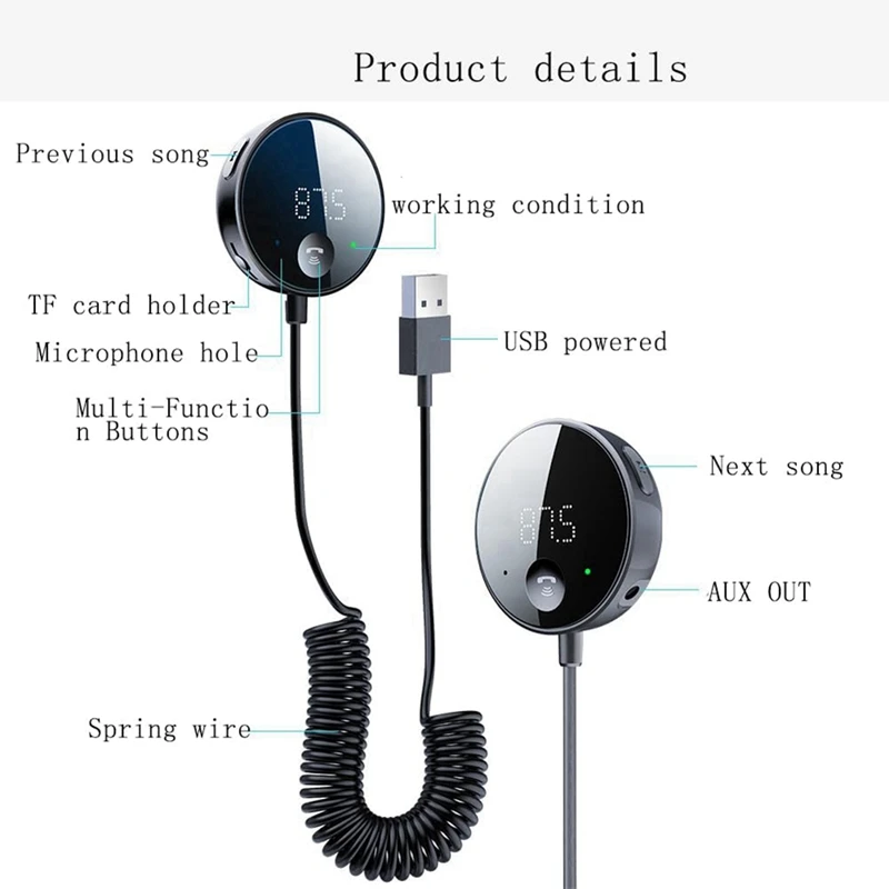 Trasmettitore FM Bluetooth per auto, adattatore Bluetooth AUX, ricevitore Bluetooth per musica per auto/chiamate in vivavoce/audio stereo