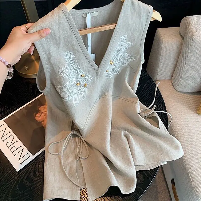 

Винтажные топы без рукавов с v-образным вырезом и вышивкой, женские летние офисные женские корсетные рубашки со шнуровкой, женская одежда, свободные универсальные футболки