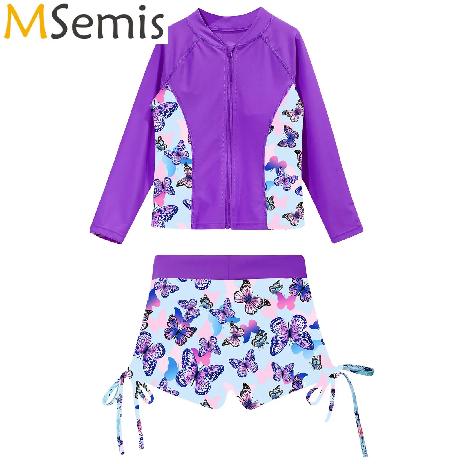 2PCS Kids Girls Printed Swimwear Swimsuit Long Sleeve Front Zipper Outerwear with Shorts Outfit Beach Pool Bathing Swimming Suit