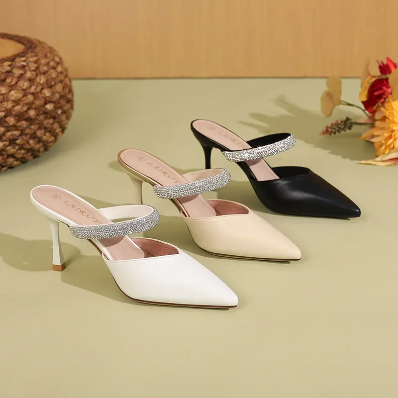 

Размер 31-44, пустые сандалии на высоком каблуке-шпильке с острым носком для женщин, летние модельные туфли без каблуков со стразами