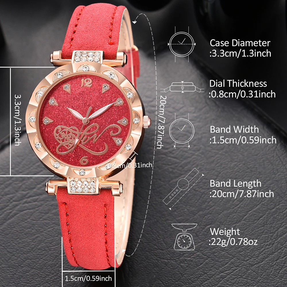 6PCS/Set Red Women Watch Simple Fashionable Leather Strap Quartz Wristwatch Love Element Watch Jewelry Set Gift For Mom