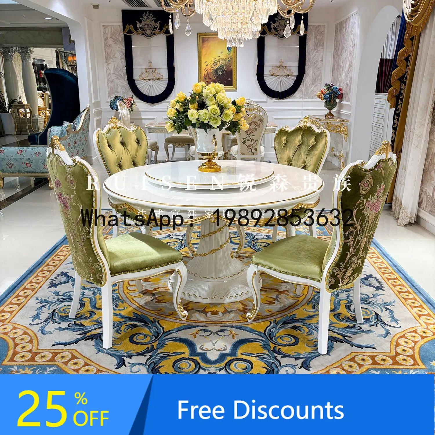 CZ French Round Dining Chair Set Solid Wood Carved Dining Table Palace Style with Turntable Restaurant Dining Table