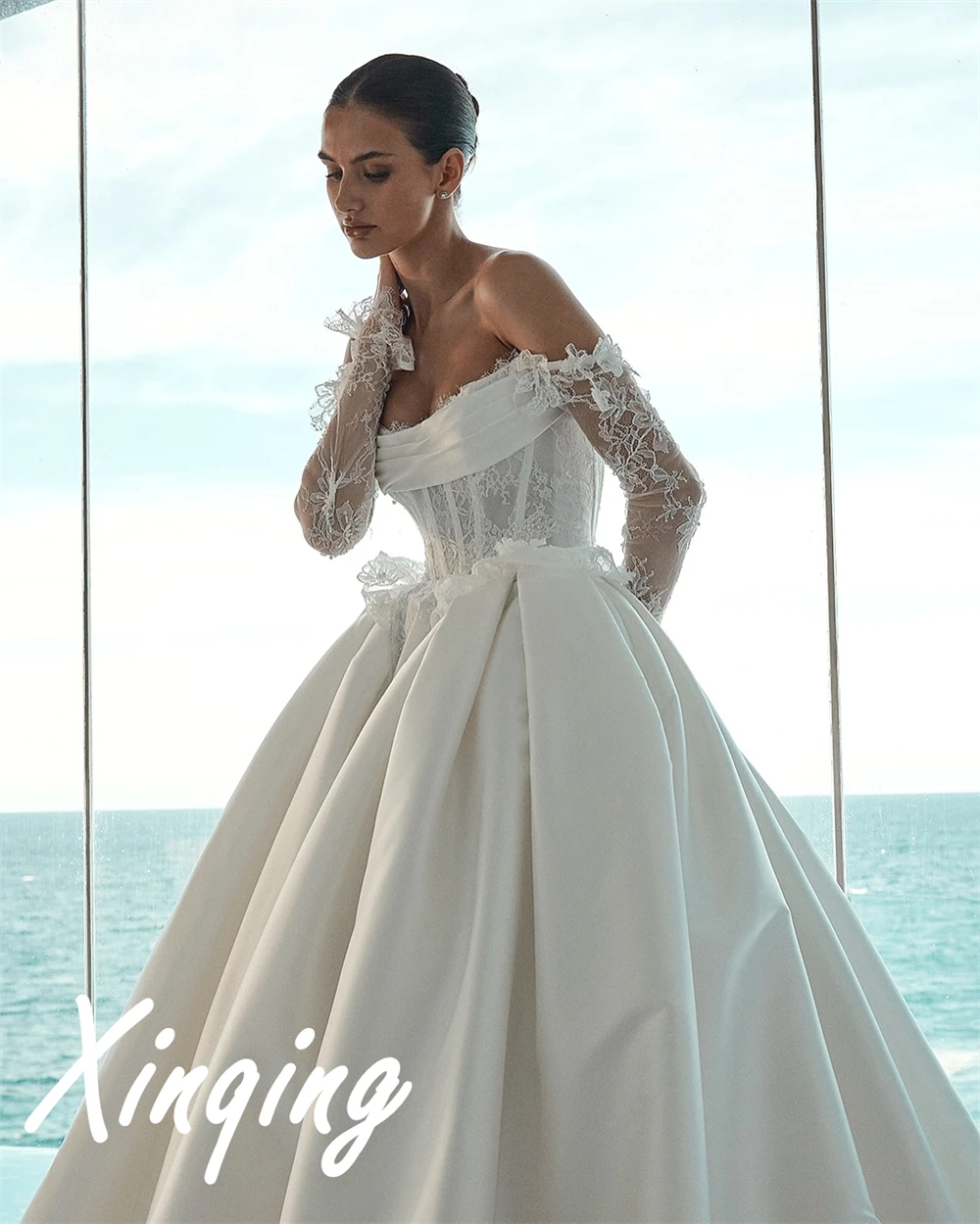 Customized Fashion Lace Wedding Dresses Dreamy Off the Shoulder Heavy Industry Wedding Dresses Lace Up Back Wedding Guest