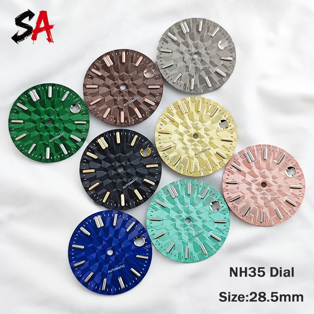 NH35 dial 28.5mm dial date window geometric texture dial green luminous dial custom logo dial suitable for NH35/NH36 movements