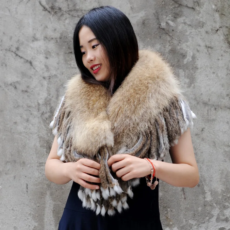 Natural Color Handmade Women Real Raccoon Fur Shawl with Rabbit Fur Fringes CX-B-60