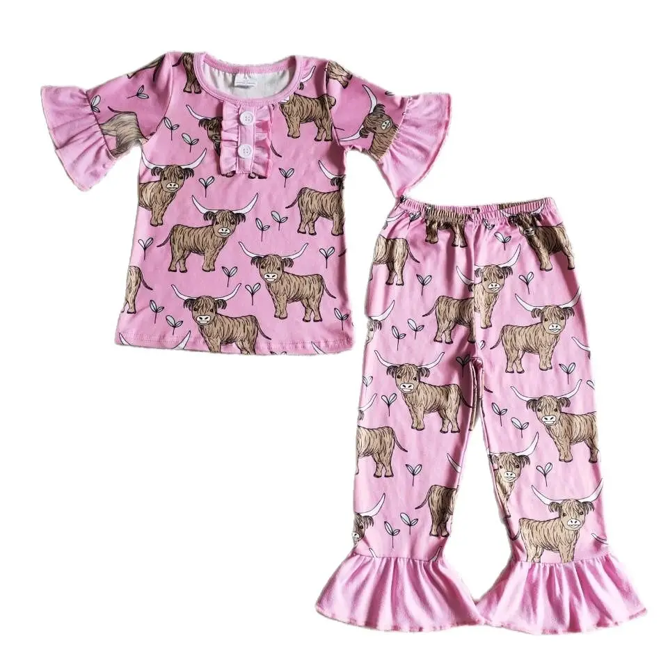 Spring Children Pink Cow Nightclothes Clothing Baby Boy Girl Sleepwear Clothes Set Pants Infant Ruffle Wholesale Pajamas Outfit