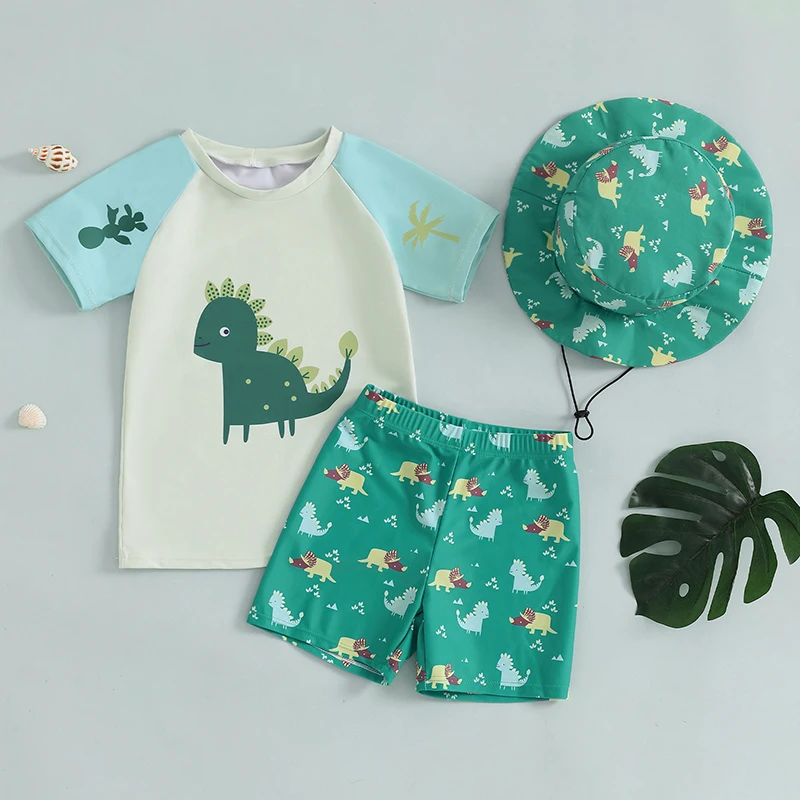 

Baby Boys Toddler Short Sleeved Rash guard Swim Bathing Suit and Sun Hat Set Cute Dinosaur Print Swimsuits