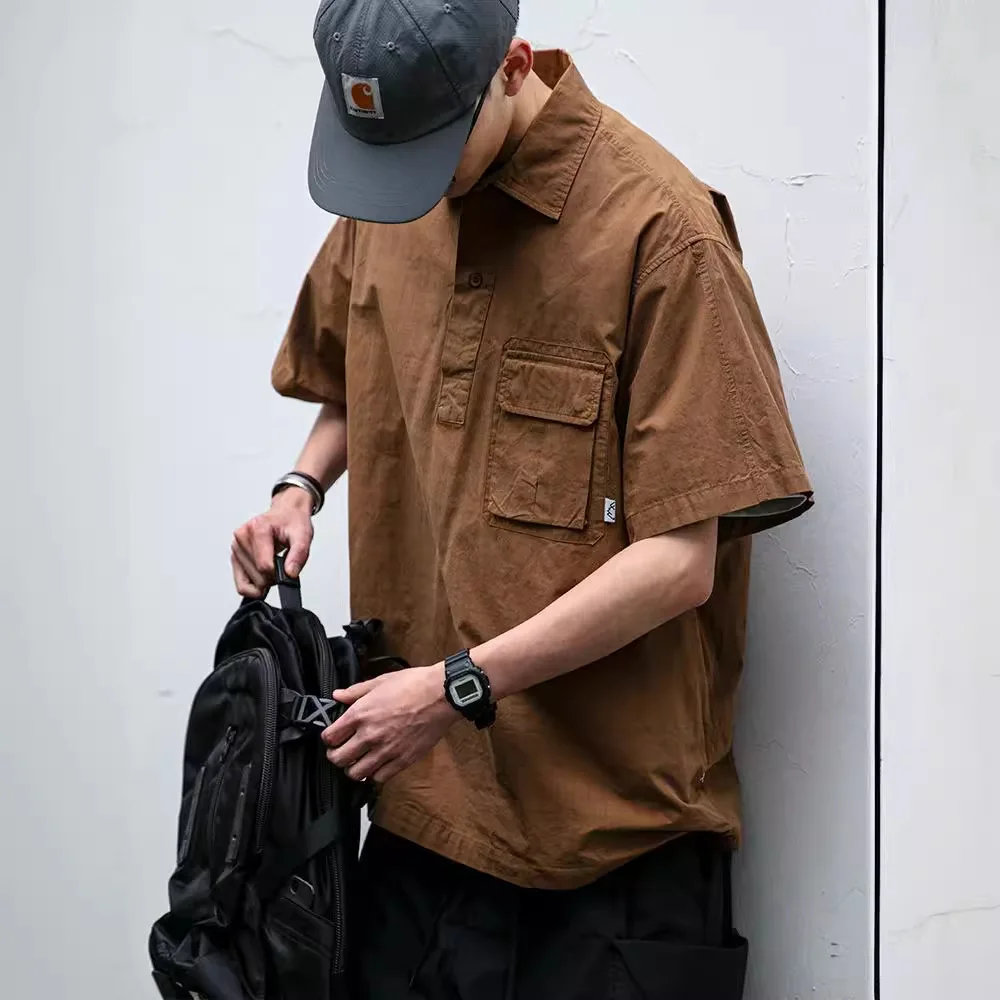 Japanese retro workwear pullover short-sleeved shirt men's summer fashion brand outdoor trend loose casual shirt jacket trend