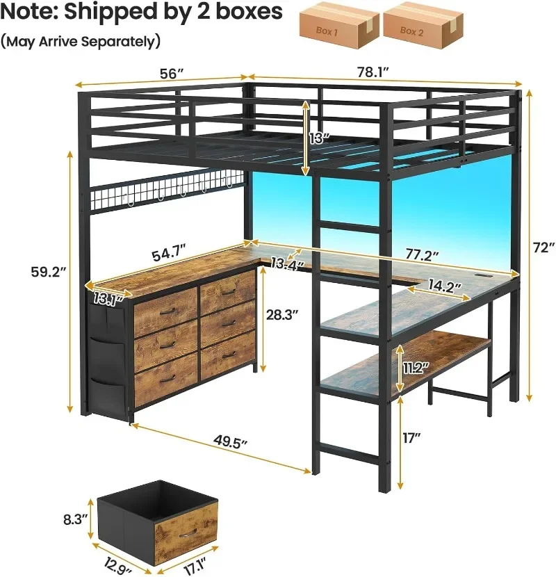 ADORNEVE Loft Bed Full Size with U-Shaped Desk, 6 Storage Drawers, Power Outlet, LED Metal Loft Bed with 2 Storage Shelves