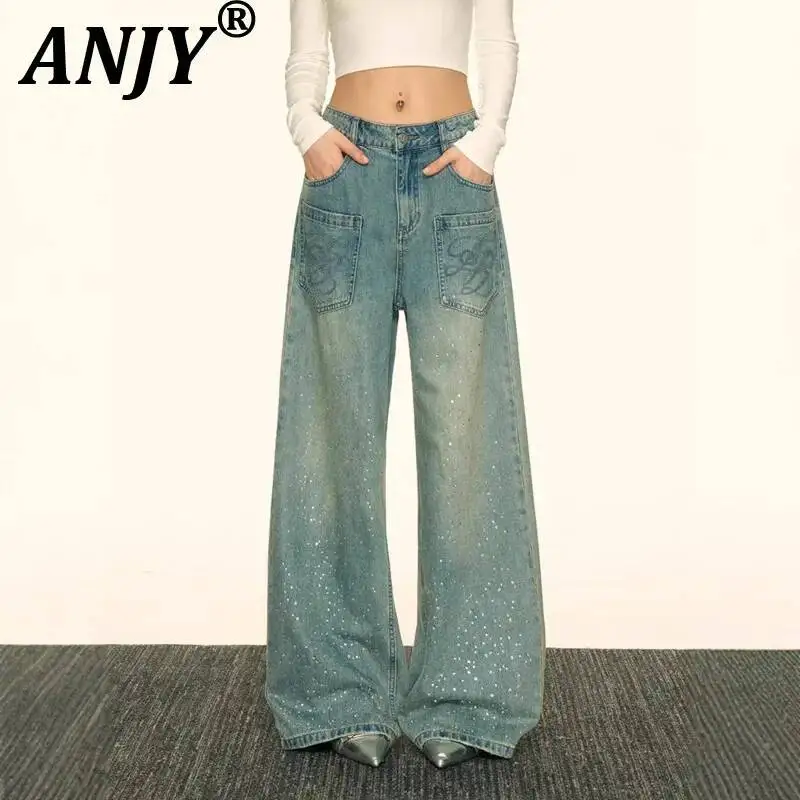 

ANJY Spring Autumn New Women American Style Stylish Diamonds Design Loose Jeans Trend Fashion Casual Wide Leg Denim Pants A22933