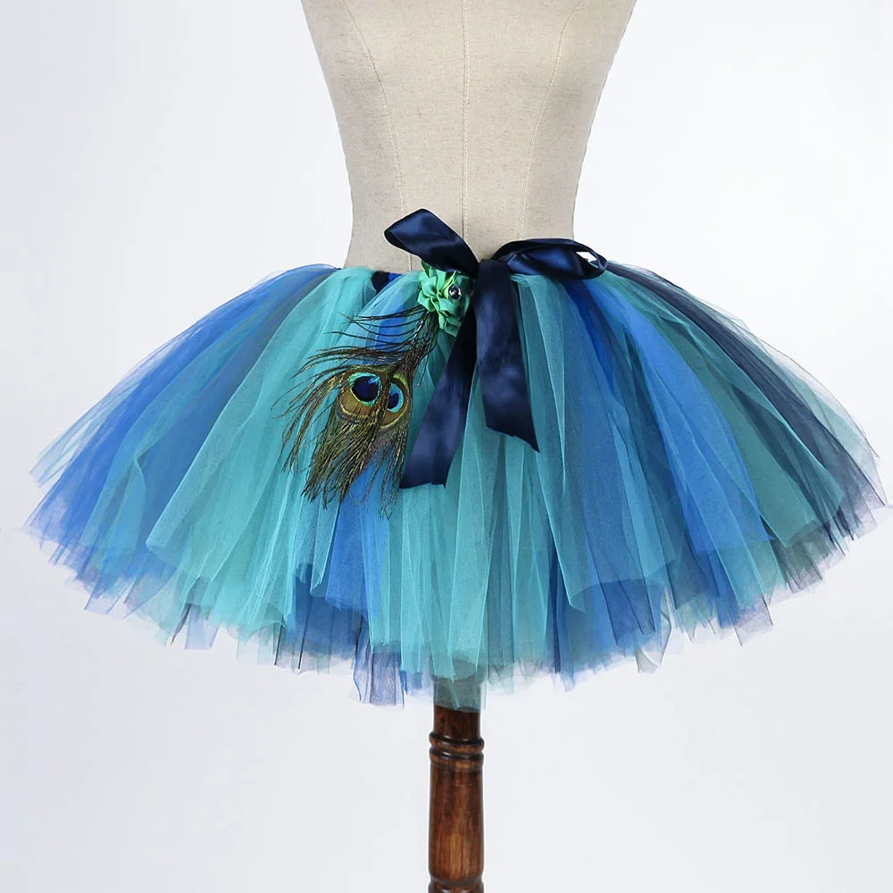 2-14 YearsFeather Peacock Fluffy Skirt Women Adult Birthday Party Role Play Tutu Halloween Pageant Peacock Animal Costume For Te view 2