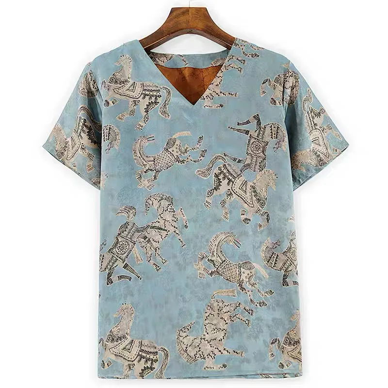 BirdTree-35MM الحرير سقي الشاش أنيقة تي شيرت، المرأة قصيرة الأكمام الجاكار، أزياء تخفيف بلوزة فضفاضة، 2025 الخريف T5O617CC