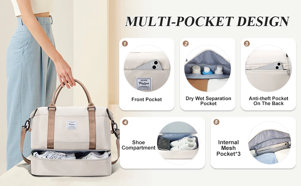 Reisetasche, Sporttasche, Sporttasche, Schultertasche, Weekender, Übernachtungstasche für Damen, Handgepäcktasche mit nasse Tasche, erweiterbare Tasche – Detail 4