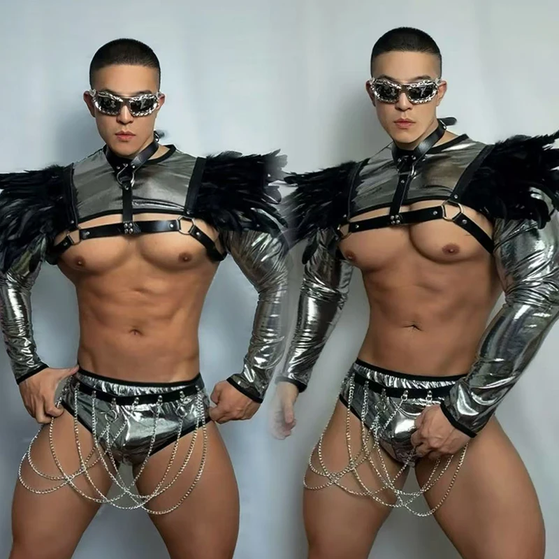 Male Gogo Dancer Clothing Futuristic Silver Stage Costume Men Feather Performance Outfit Festival Party Show Rave Wear VDL3178