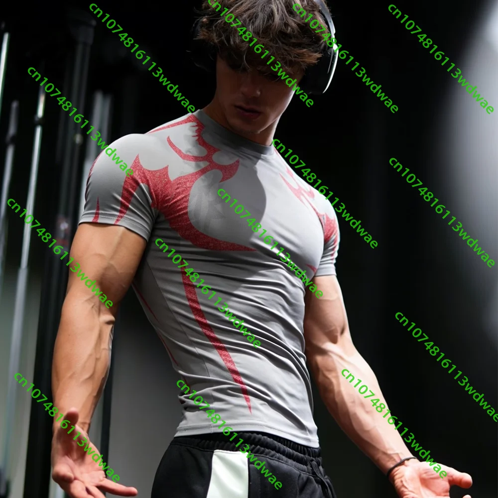 2026 New Style Athletic Print Men's Gym Short Sleeve Quick-Dry Top Muscle Fitness T-Shirt  Suitable Running And Sports Training