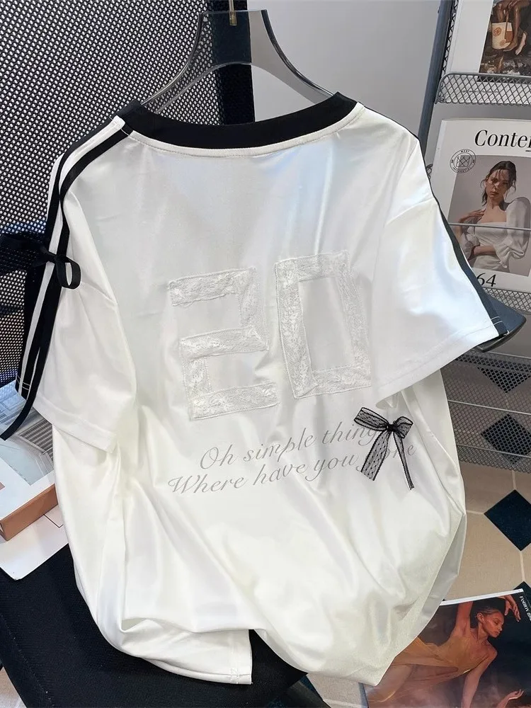 plus Size Summer Casual Sports Ballet Style T-Shirt Women's Retro American Fat MM 300 Pounds Short Sleeve V-Neck Top
